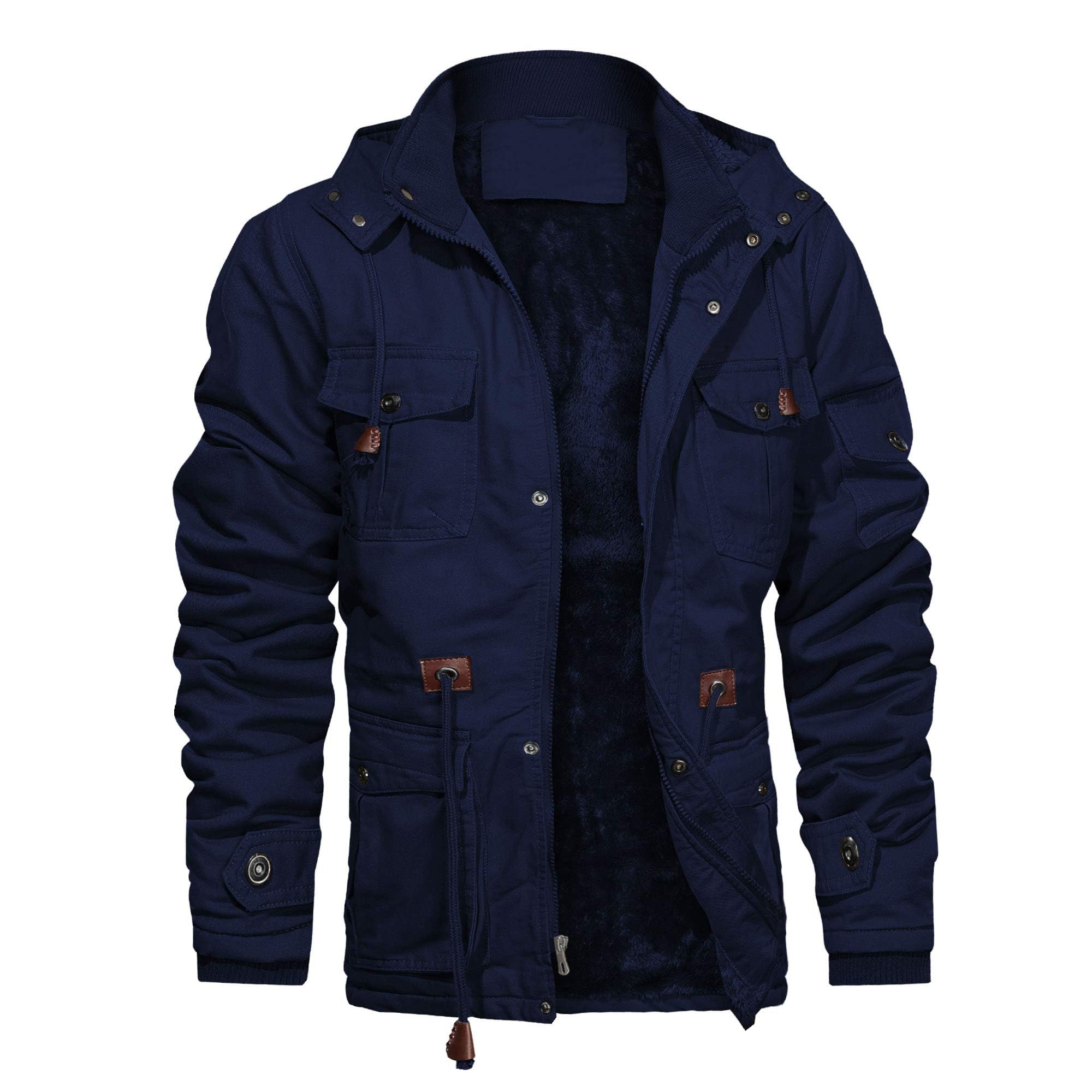 CHEXPEL Men's Thick Winter Jackets with Hood, Fleece Lining, Cotton Military Work Jackets with Cargo Pockets, Outwear